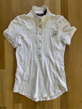 Goode Rider Luxe Show Shirt White Rhinestone Zip Short Sleeve Equestrian Top XS